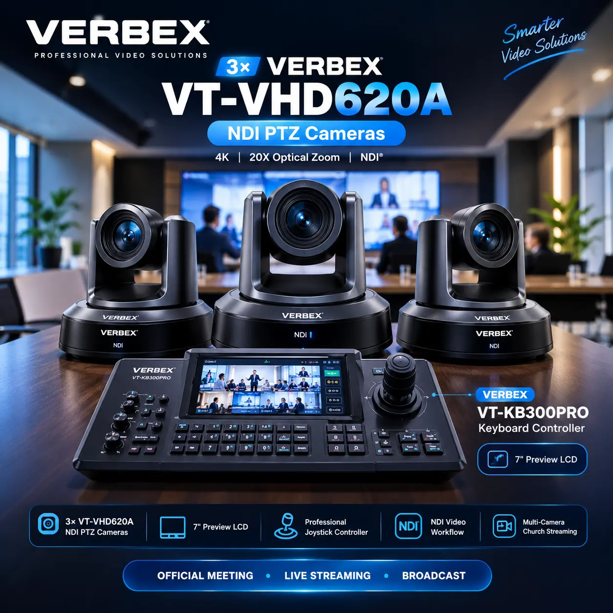 3× VERBEX VT-VHD620A + VT-KB300PRO NDI PTZ Camera Bundle Video Conference System Setup in Bangladesh