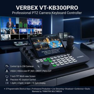 VERBEX VT-KB300PRO Next-Gen PTZ Camera Control Console 4D Joystick 7 Multi-View Screen IP & Serial Broadcasting